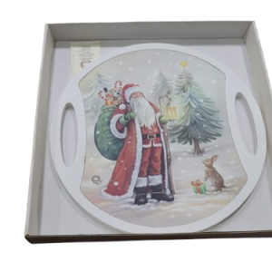 Vassoio Panettone con Babbo Natale Natalizio in Legno Quadri e Quadri 20x20 VN4